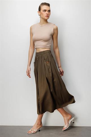 Torba Cepli Süs Düğmeli Pamuk Etek Haki 3950-2Y6