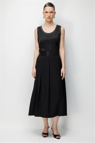 Kemerli Midi Boy Çan Etek Siyah 3956-2Y6