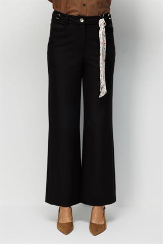 Beli Metal Aksesuarlı Bol Paça Pantolon Siyah 4010-2Y6