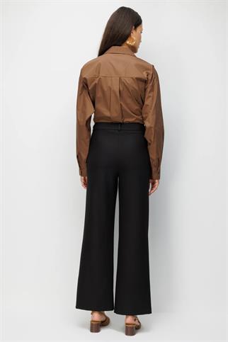 Beli Metal Aksesuarlı Bol Paça Pantolon Siyah 4010-2Y6