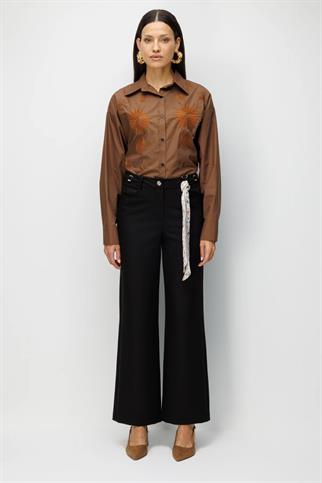 Beli Metal Aksesuarlı Bol Paça Pantolon Siyah 4010-2Y6