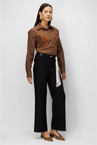 Beli Metal Aksesuarlı Bol Paça Pantolon Siyah 4010-2Y6