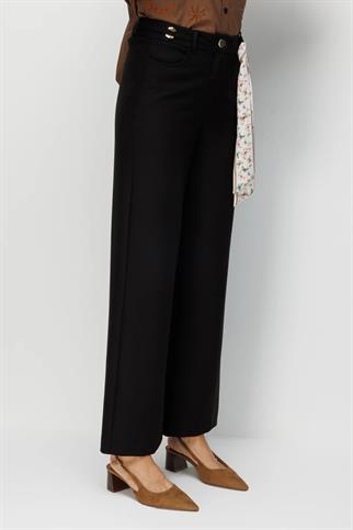 Beli Metal Aksesuarlı Bol Paça Pantolon Siyah 4010-2Y6