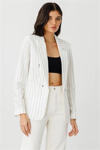 Fleto Cepli Keten Çizgili Kadın Ceket 4016-2Y5