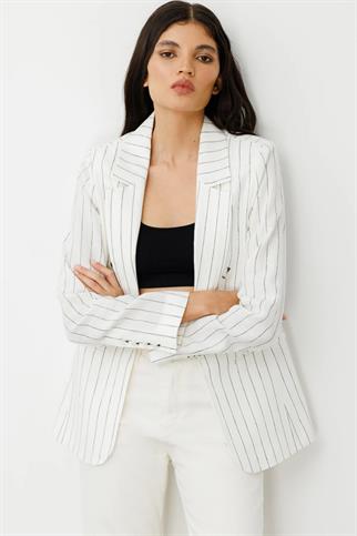 Fleto Cepli Keten Çizgili Kadın Ceket 4016-2Y5