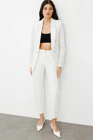 Fleto Cepli Keten Çizgili Kadın Ceket 4016-2Y5