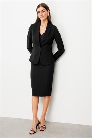  Tek Düğme Çizgi Cep Siyah Kadın  Ceket 4022-2Y5