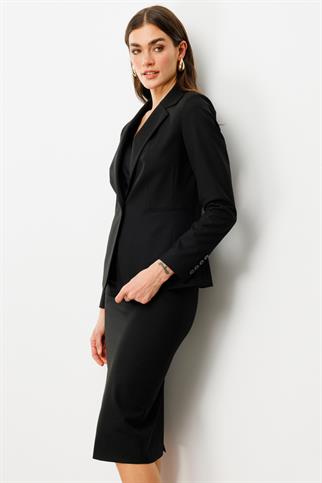  Tek Düğme Çizgi Cep Siyah Kadın  Ceket 4022-2Y5