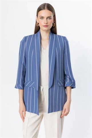 Çizgili Duble Kol İndigo Kadın Ceket 4038-2Y5 