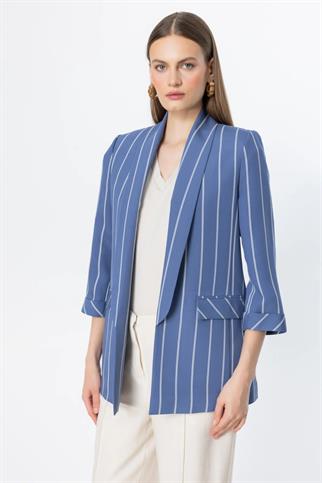 Çizgili Duble Kol İndigo Kadın Ceket 4038-2Y5 