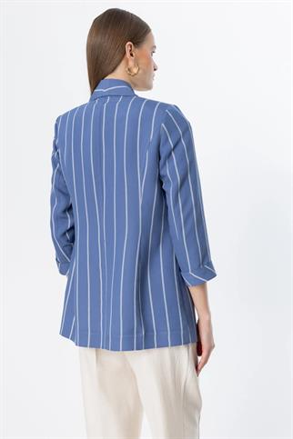 Çizgili Duble Kol İndigo Kadın Ceket 4038-2Y5 