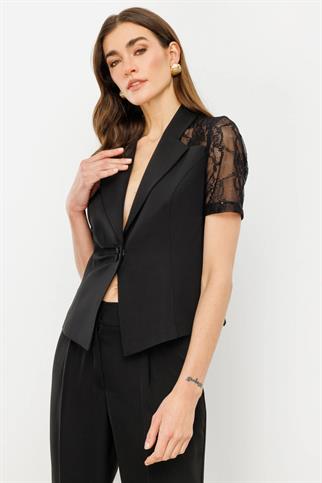Dantel Detaylı Siyah Kadın Ceket  4042-2Y5