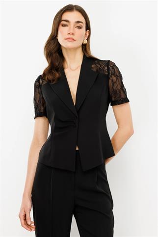 Dantel Detaylı Siyah Kadın Ceket  4042-2Y5