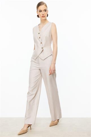 Boru Paça Yandan Cepli Bej Kadın  Pantolon 4080-2Y5