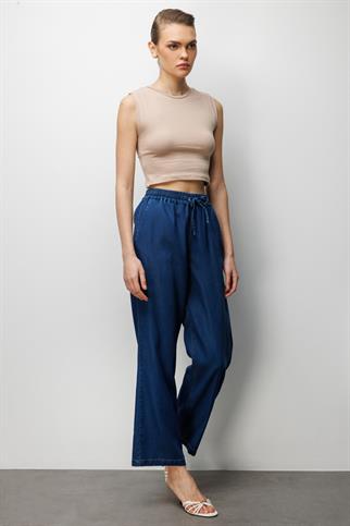 Beli Bağcıklı Bol Paça Pantolon Indıgo 4090-2Y6