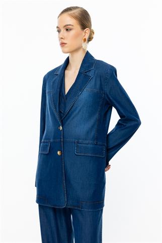 Çift Düğmeli Astarsız İndigo Kadın  Ceket  4102-2Y5