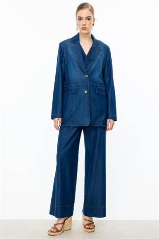 Çift Düğmeli Astarsız İndigo Kadın  Ceket  4102-2Y5