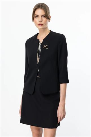 Sıfır Yaka Broşlu Siyah  Kadın Ceket 4228-2Y5