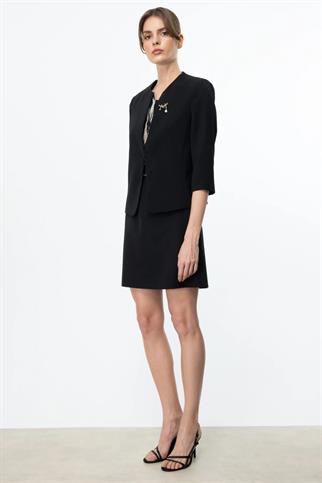 Sıfır Yaka Broşlu Siyah  Kadın Ceket 4228-2Y5