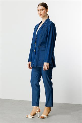 Çift Düğmeli Kapak Cepli İndigo Kadın  Ceket 4602-2Y5