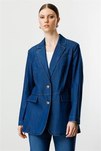 Çift Düğmeli Kapak Cepli İndigo Kadın  Ceket 4602-2Y5