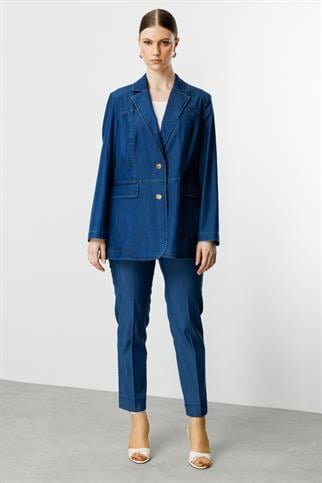 Çift Düğmeli Kapak Cepli İndigo Kadın  Ceket 4602-2Y5
