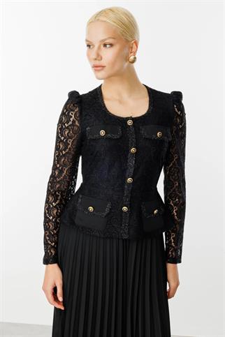 Dantelli Eteği Piliseli Siyah Kadın Elbise  5186-2Y5