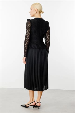 Dantelli Eteği Piliseli Siyah Kadın Elbise  5186-2Y5