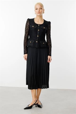 Dantelli Eteği Piliseli Siyah Kadın Elbise  5186-2Y5