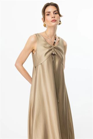 Boncuk Süslü Volanlı Maxi Gold Kadın Elbise S 5220-2Y5 5220-2Y5