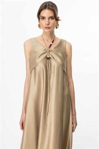 Boncuk Süslü Volanlı Maxi Gold Kadın Elbise S 5220-2Y5 5220-2Y5