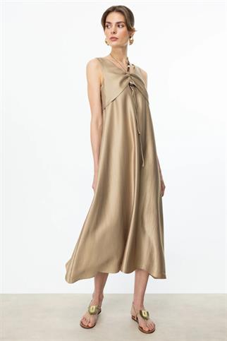 Boncuk Süslü Volanlı Maxi Gold Kadın Elbise S 5220-2Y5 5220-2Y5