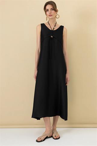 Boncuk Süslü Volanlı Maxi Siyah Kadın Elbise S 5220-2Y5