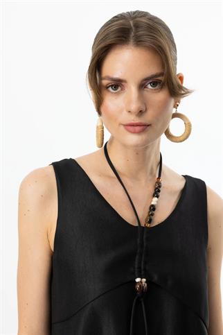 Boncuk Süslü Volanlı Maxi Siyah Kadın Elbise S 5220-2Y5