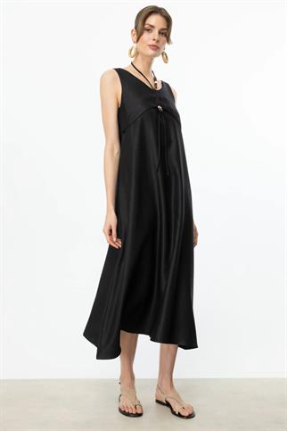 Boncuk Süslü Volanlı Maxi Siyah Kadın Elbise S 5220-2Y5