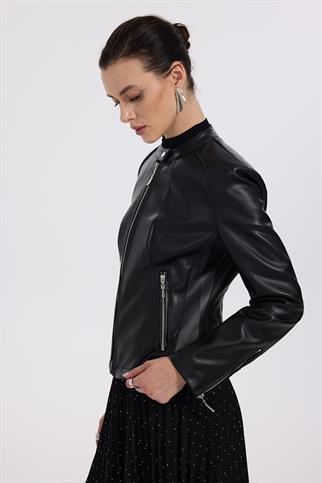 Ekol Fermuarlı Dik Yaka Deri Siyah Kadın Mont 6001-2K5