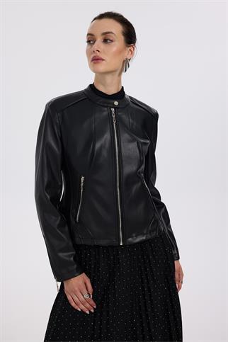 Ekol Fermuarlı Dik Yaka Deri Siyah Kadın Mont 6001-2K5