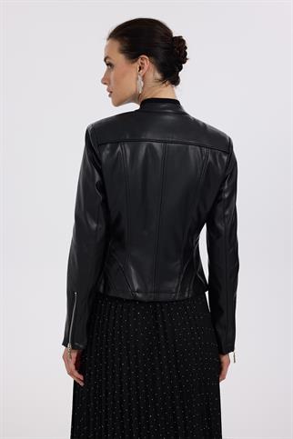 Ekol Fermuarlı Dik Yaka Deri Siyah Kadın Mont 6001-2K5