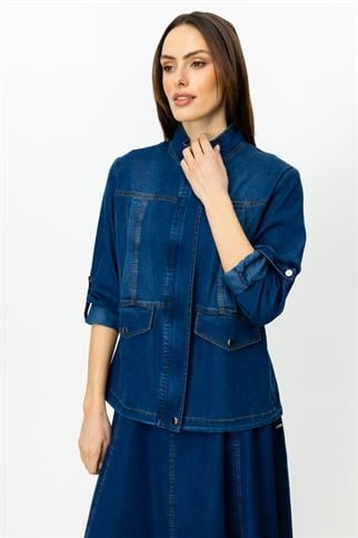 Fermuarlı Kapak Cepli İndigo Kadın  Mont 6002-2Y5