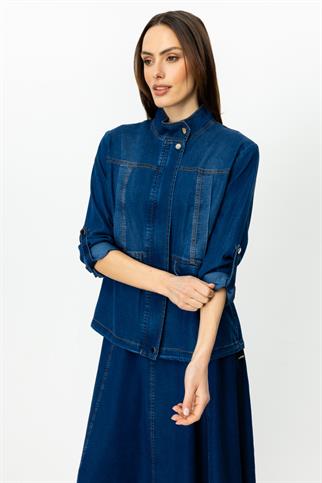 Fermuarlı Kapak Cepli İndigo Kadın  Mont 6002-2Y5