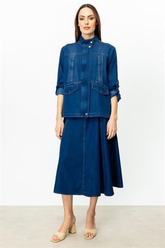 Fermuarlı Kapak Cepli İndigo Kadın  Mont 6002-2Y5