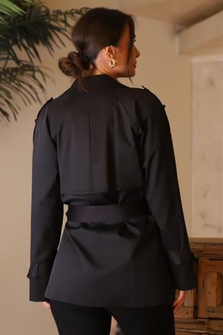 BELİ BAĞLAMALI UZUN KOLLU SİYAH KADIN TRENÇKOT  6182-2Y4