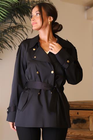 BELİ BAĞLAMALI UZUN KOLLU SİYAH KADIN TRENÇKOT  6182-2Y4