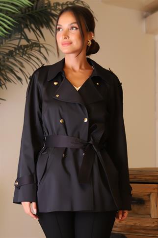 BELİ BAĞLAMALI UZUN KOLLU SİYAH KADIN TRENÇKOT  6182-2Y4