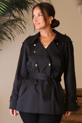 BELİ BAĞLAMALI UZUN KOLLU SİYAH KADIN TRENÇKOT  6182-2Y4