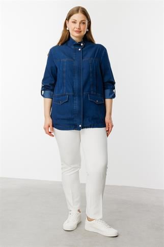 Fermuarlı Kapak Cepli İndigo Kadın Mont 6302-2Y5