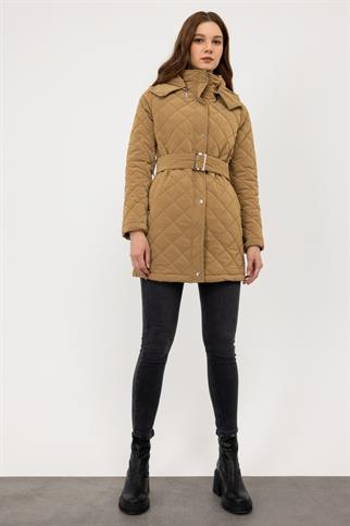 Ekol Kapitone Kapüşonlu Camel Kadın Kaban 6507-2K4