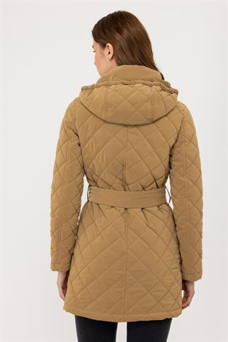 Ekol Kapitone Kapüşonlu Camel Kadın Kaban 6507-2K4