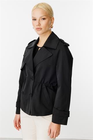 Kruvaze Yaka Kısa Siyah Kadın  Trençkot 7006-2Y5