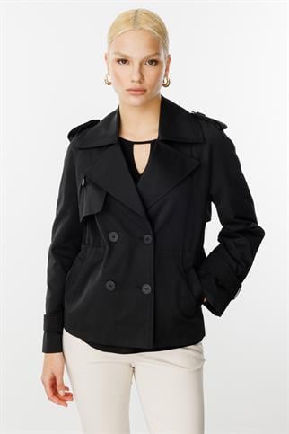 Kruvaze Yaka Kısa Siyah Kadın  Trençkot 7006-2Y5
